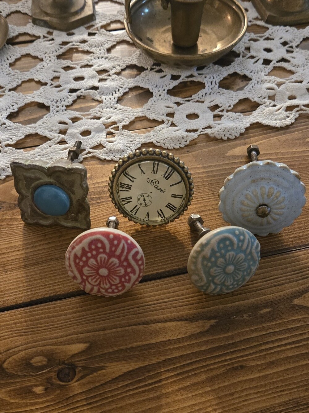 Set Of Ceramic Floral & Clock Drawer Pulls - Blue, Red, Turquoise, White